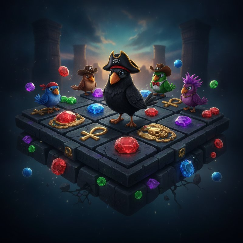 Pirots 5 slot: Captain Blackfeather con cappello pirata e quattro uccelli collezionisti (blu con bandana rossa, verde con papillon, marrone con cappello da cowboy, viola con criniera) su griglia 6x6 del tempio egiziano circondata da gemme esagonali rosse, cubi viola, diamanti verdi e sfere blu